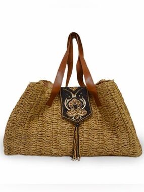 Anabaglish Women’s Nola Woven Raffia Beaded Flap Leather Handles Tote